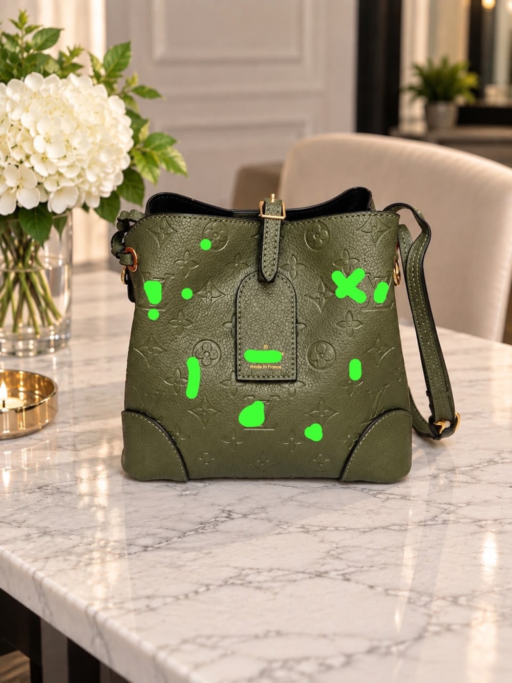Designer-Inspired Olive Green Embossed Bucket Shoulder Bag